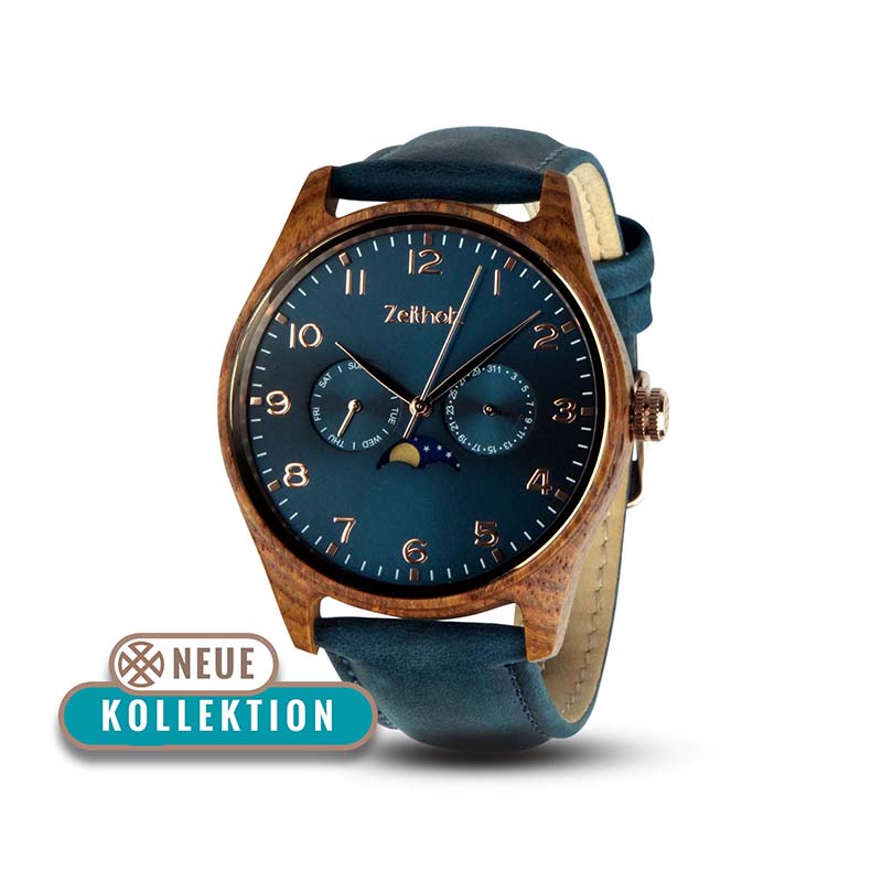 Holzarmbanduhr Klitten blau - Rosenholz