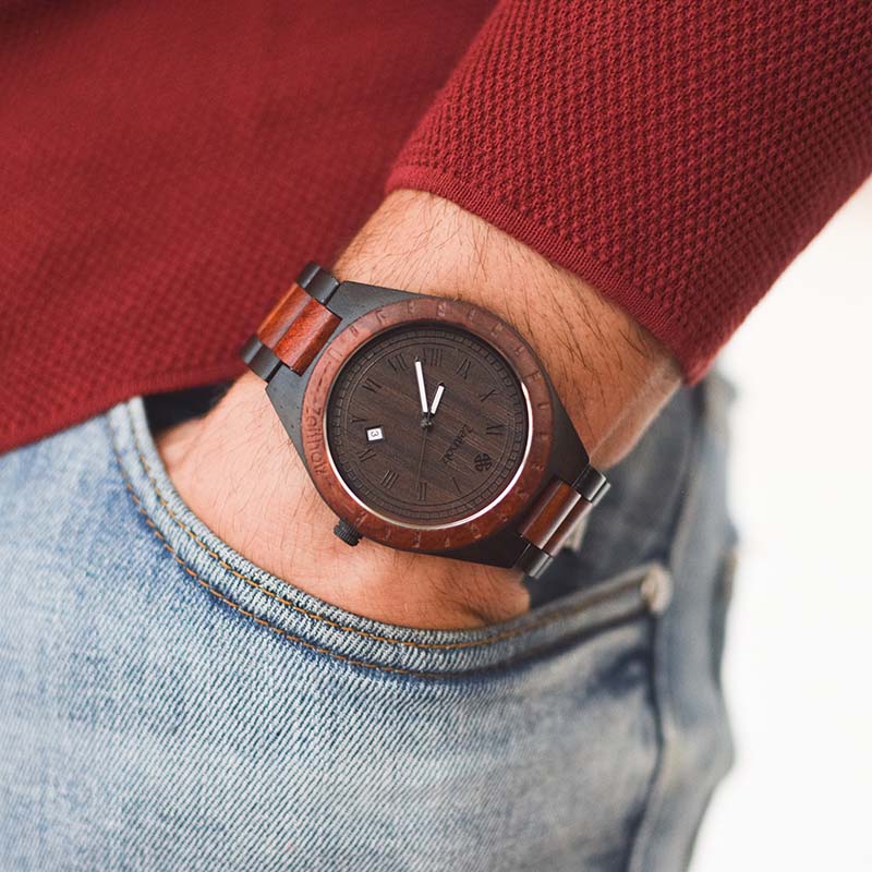 Wooden wristwatch Zittau red-black - sandalwood