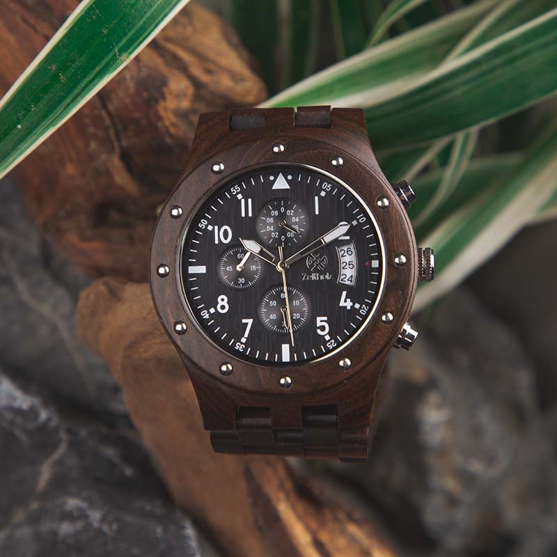 Wooden wristwatch Chronograph Geising black - sandalwood