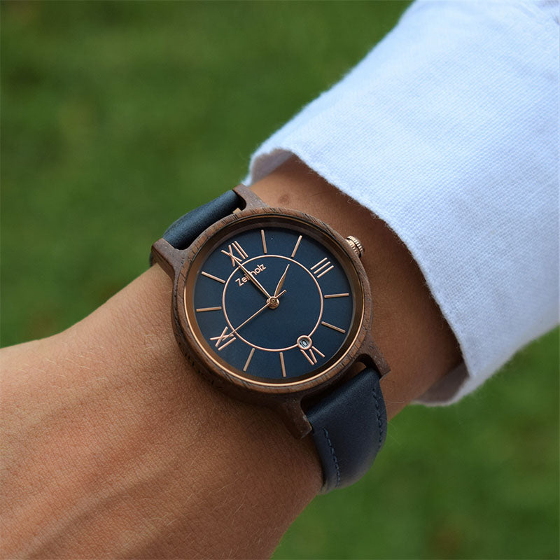 Holzarmbanduhr Rosenbach navy - Walnuss