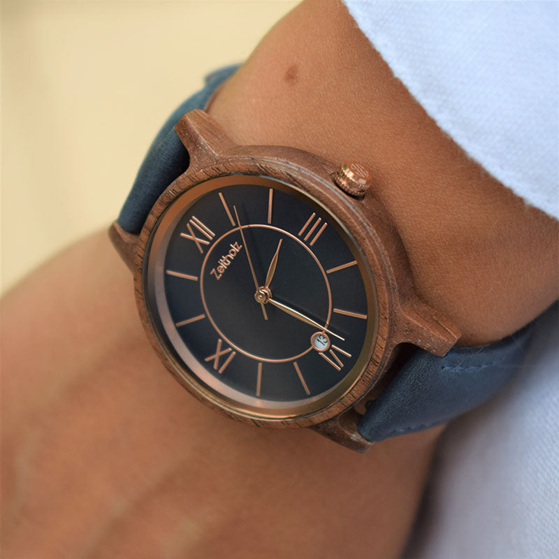 Holzarmbanduhr Rosenbach navy - Walnuss