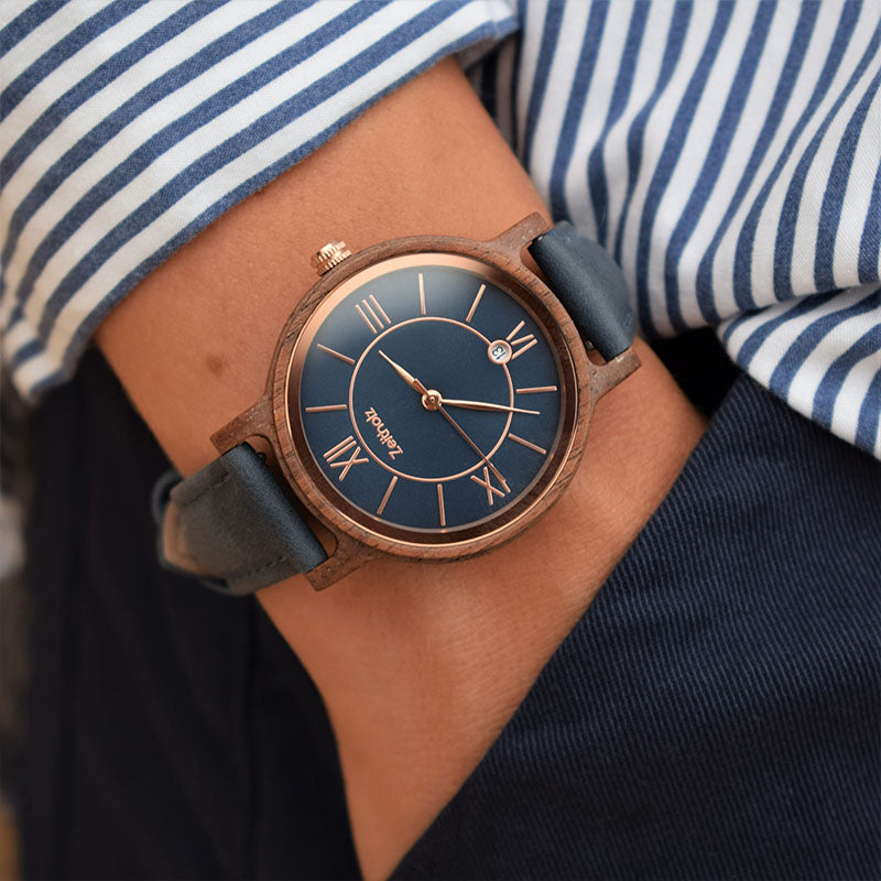 Holzarmbanduhr Rosenbach navy - Walnuss