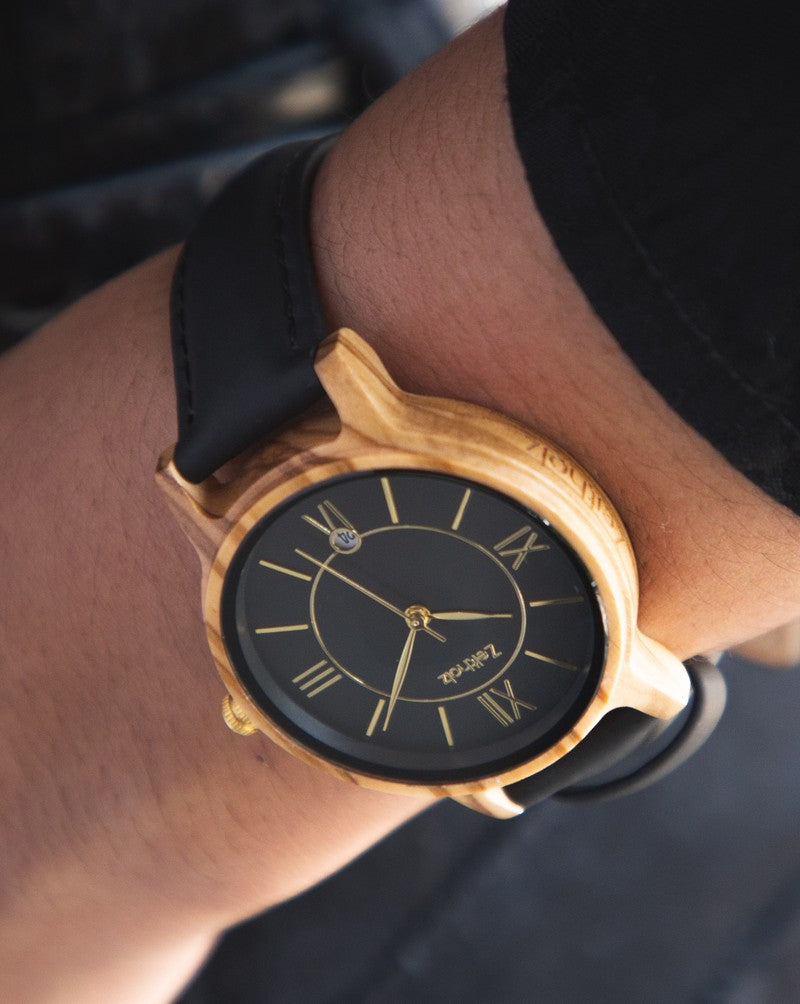 Wooden wristwatch Rosenbach black - olive wood