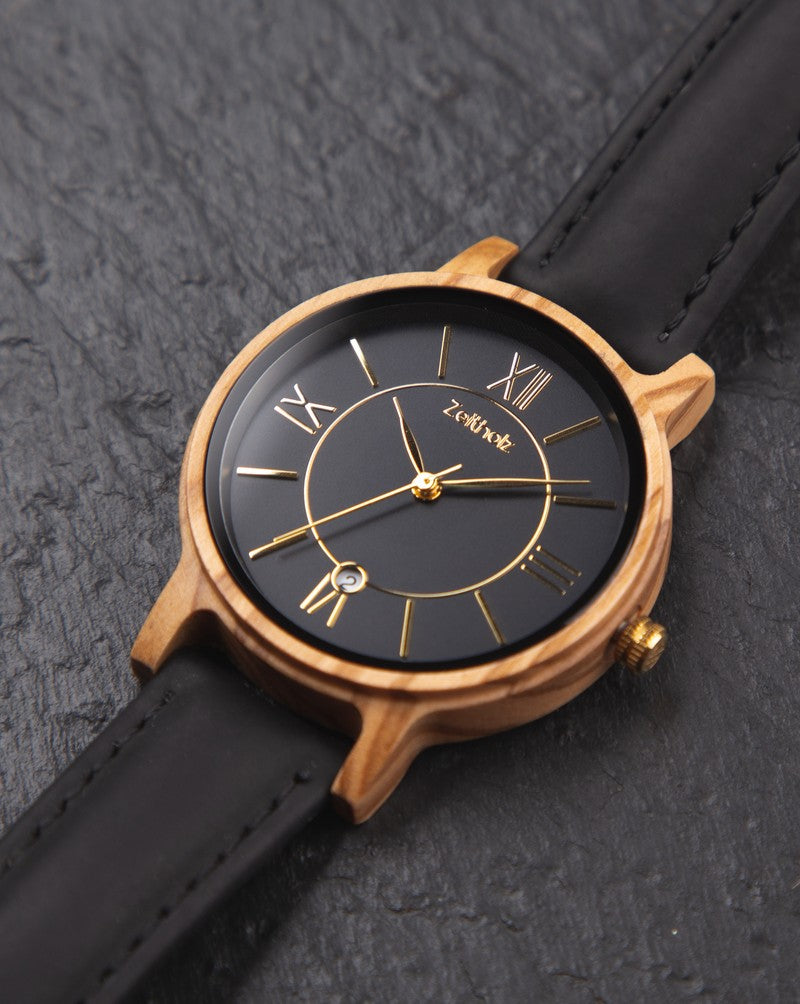 Wooden wristwatch Rosenbach black - olive wood