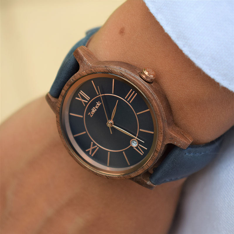 Reloj de pulsera de madera Rosenbach azul marino - nogal